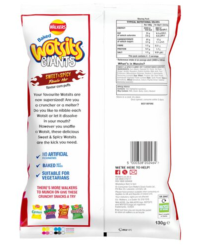 Walkers Wotsits Giants Snacks Sweet & Spicy Sharing Crisps 130g